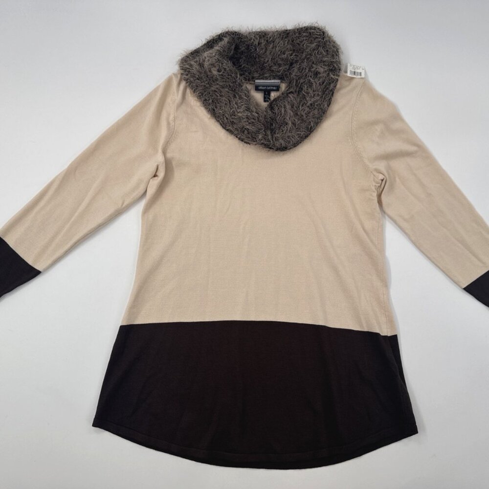 Allison Brittney Knit Sweater Womens Large Tan Faux Fur Soft Turtleneck Boho NEW